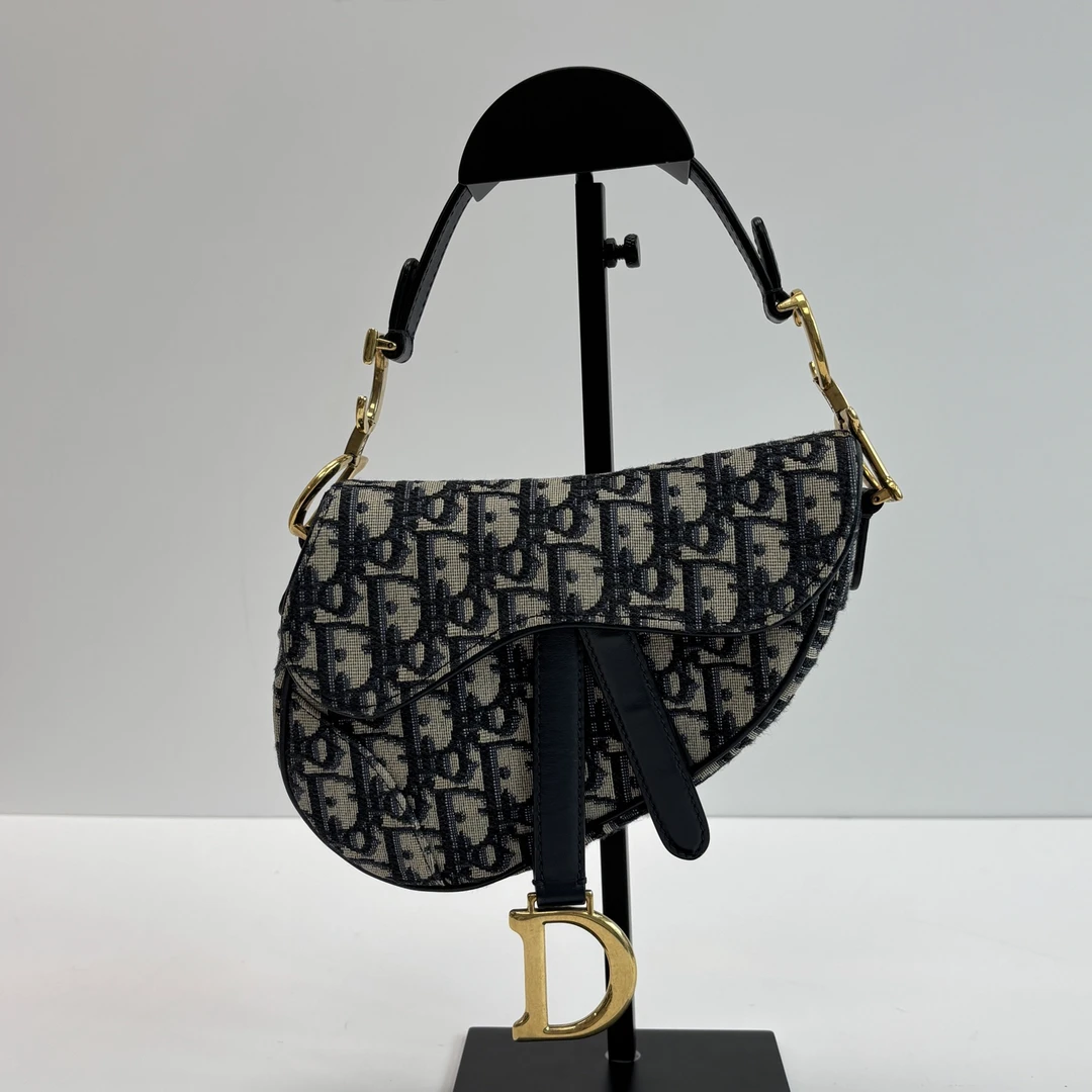 95新 DIOR/迪奥 蓝色老花刺绣小号手提腋下马鞍包 01733