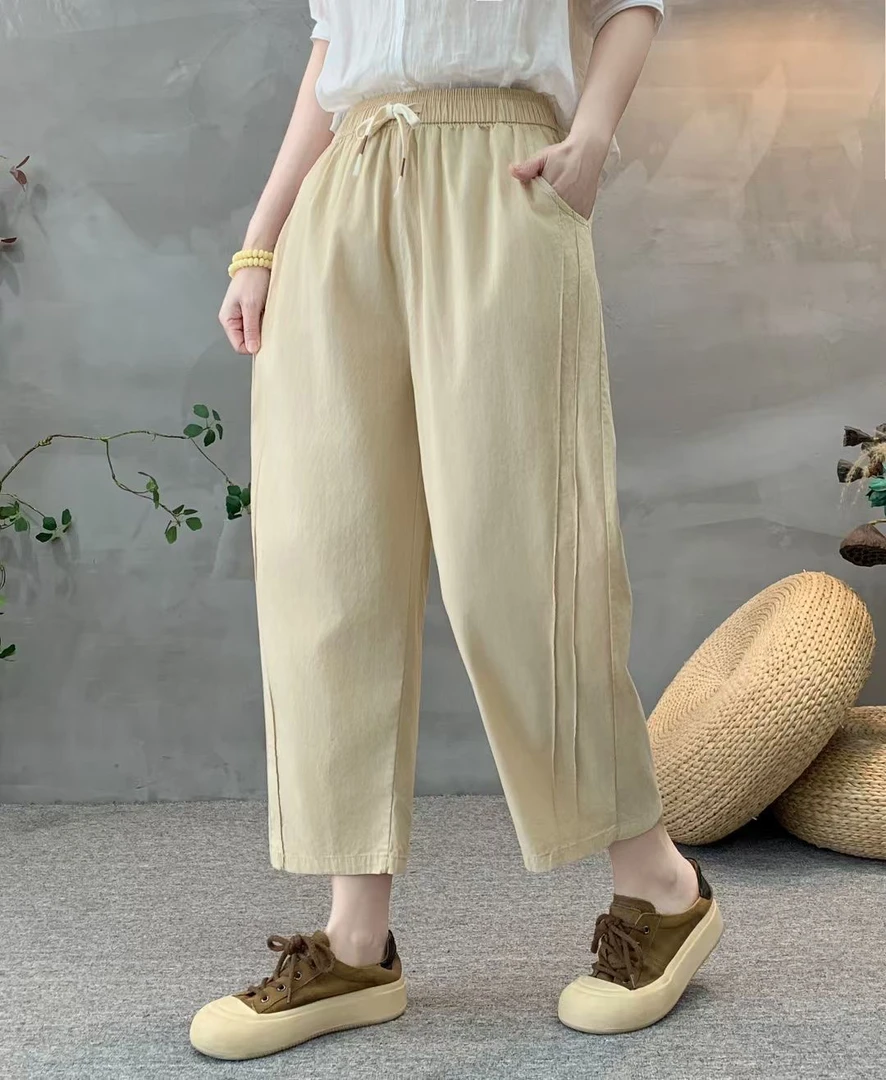 夏季新款薄款八分裤水洗休闲松紧腰垂感纯色高腰裤阔腿裤宽松显瘦