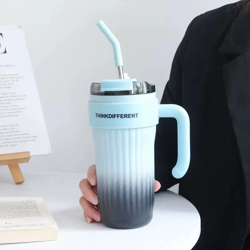 渐变色手柄保温杯高颜值简约咖啡杯保冷大容量不锈钢吸管杯水杯