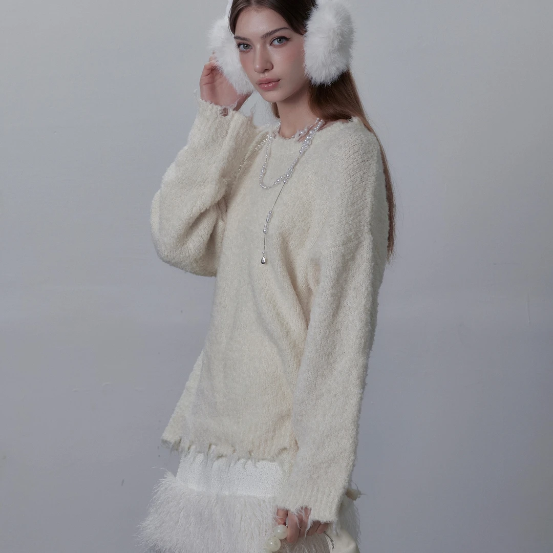 破坏感毛边圆领羊毛混纺毛衣