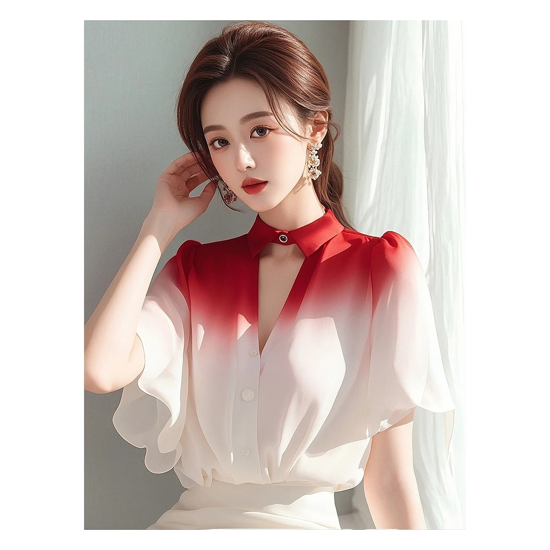 今年流行独特漂亮渐变衬衫女轻熟法式小众短袖仙气飘飘雪纺上衣夏