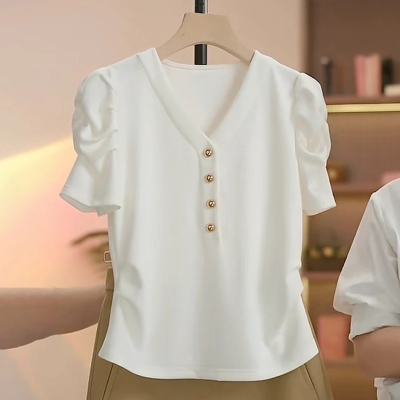 正肩气质薄款透气小衫短袖女2025夏季新款V字领设计感洋气T恤上衣