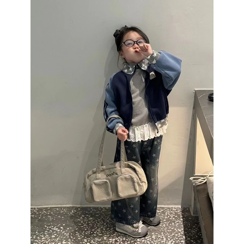 女童2025秋季新款印花长袖外套花边打底衫时尚牛仔裤三件套潮