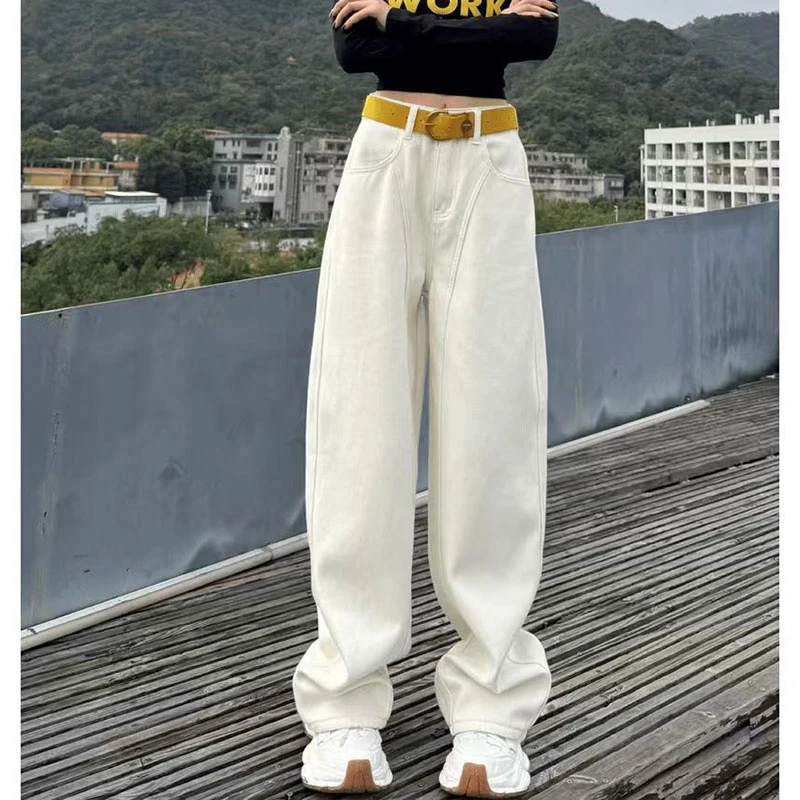 2025加绒冬季新款蓝色牛仔裤女直筒阔腿裤休闲宽松显瘦弯刀拖地裤