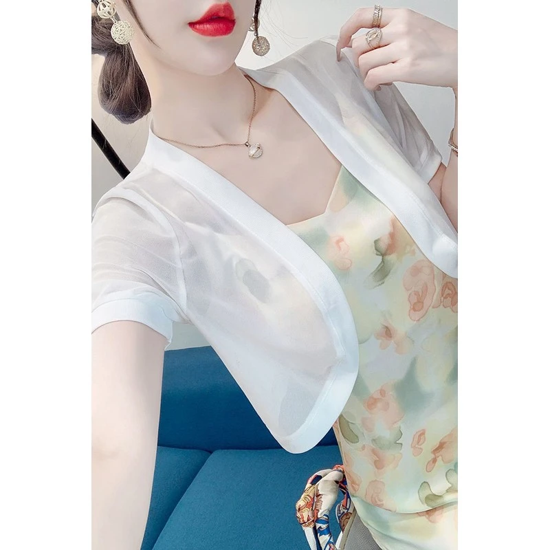 冰丝短袖透气开衫女夏季外披短款高腰小坎肩吊带裙外搭薄外套罩衫