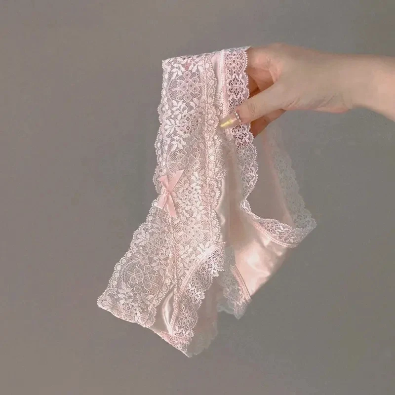 法式蕾丝内裤女纯棉抗菌裆透气网纱薄款缎面无痕中腰收腹提臀短裤