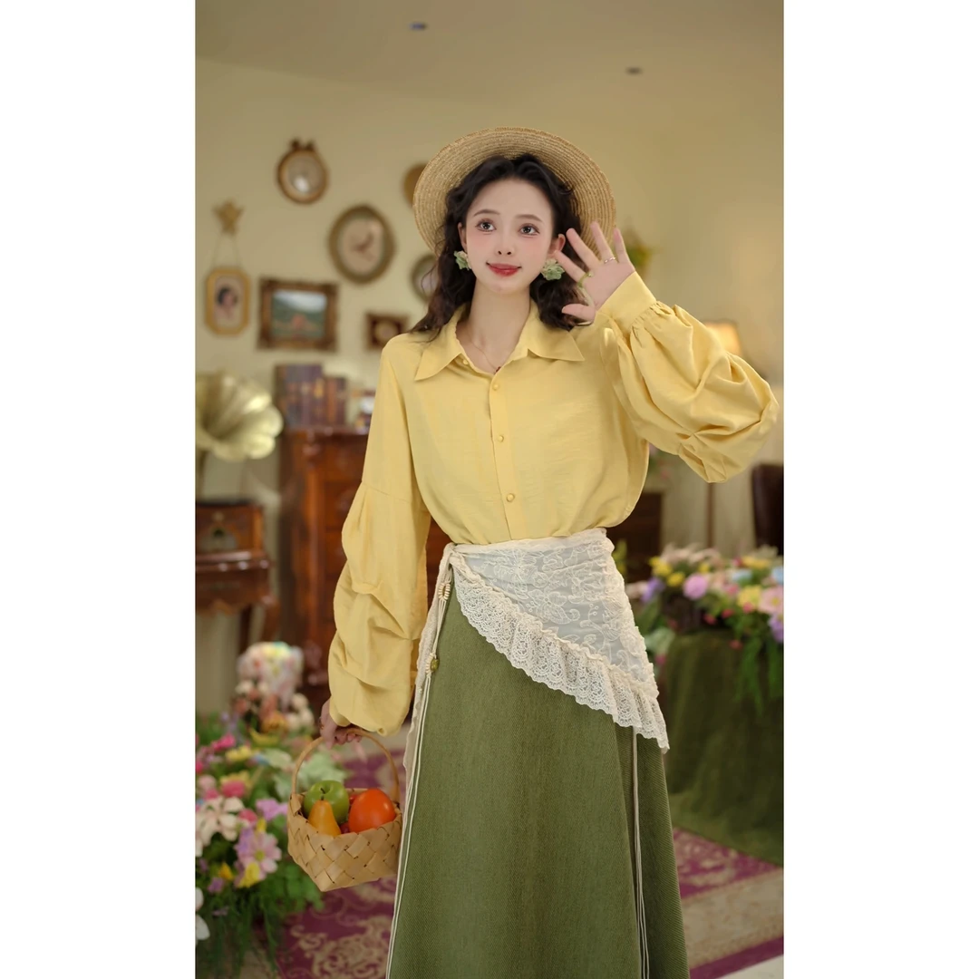 扣子家【日落彩绘】港风复古设计感宽松衬衫春季新款衬衣KW2023353