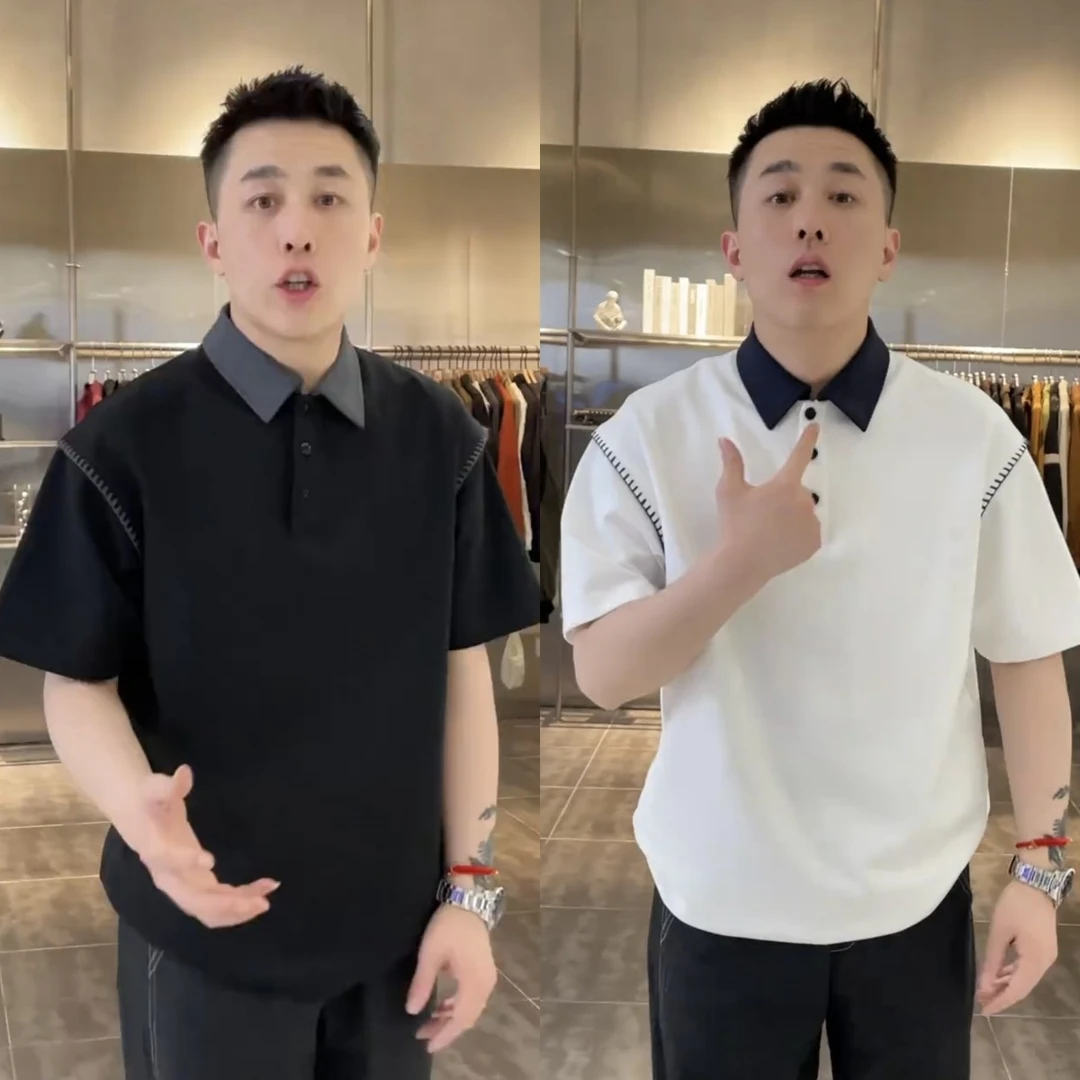 夏季新款男士商务高档时尚百搭半袖衫明线拼接简约翻领POLO衫短袖