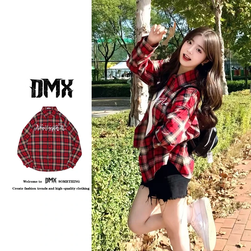 美式红色格子衬衫男女夏季刺绣复古宽松防晒vintage短袖衬衣外套