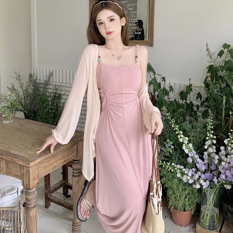 C-8079大码夏季新款慵懒弹力针织修身吊带裙+开衫套装