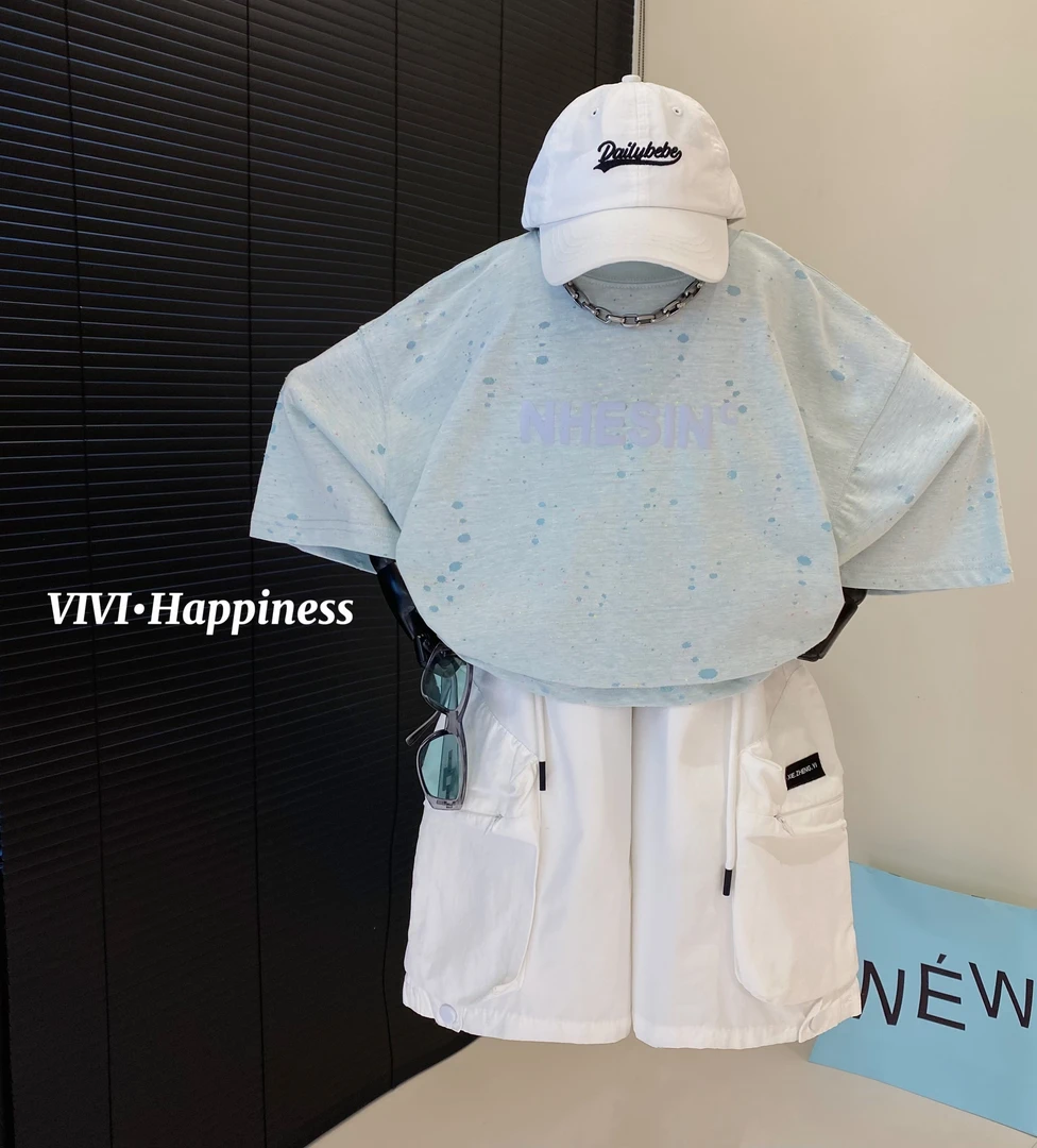VIVI童装 2025夏季潮牌中大童水晶蓝烧花刺绣字母薄短袖T恤