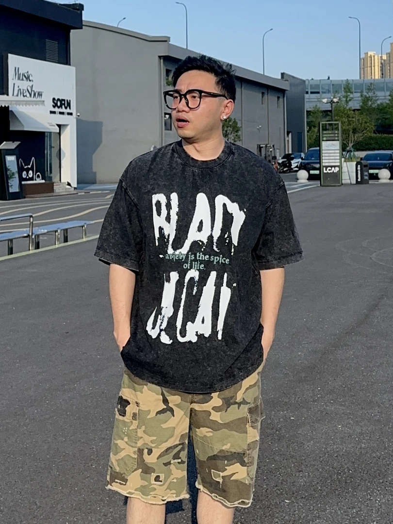 “抽象字母” 重磅300克纯棉 水洗做旧oversize加宽短袖T恤