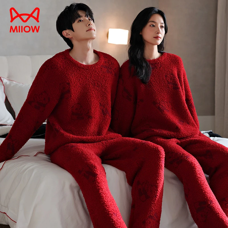 猫人新款睡衣情侣女秋冬季半边绒套头圆领保暖男士家居服套装