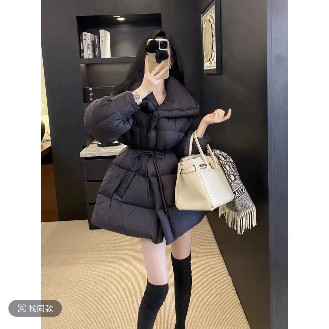 初奢自制立领磁吸扣中长款加厚保暖鹅绒服女2024冬季新款收腰外套