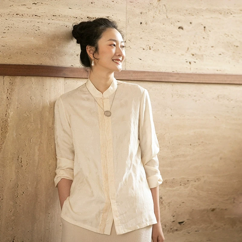 牧衣游原创 柞蚕丝混纺提花衬衫新款高端品质感百搭衬衣 北方春茶