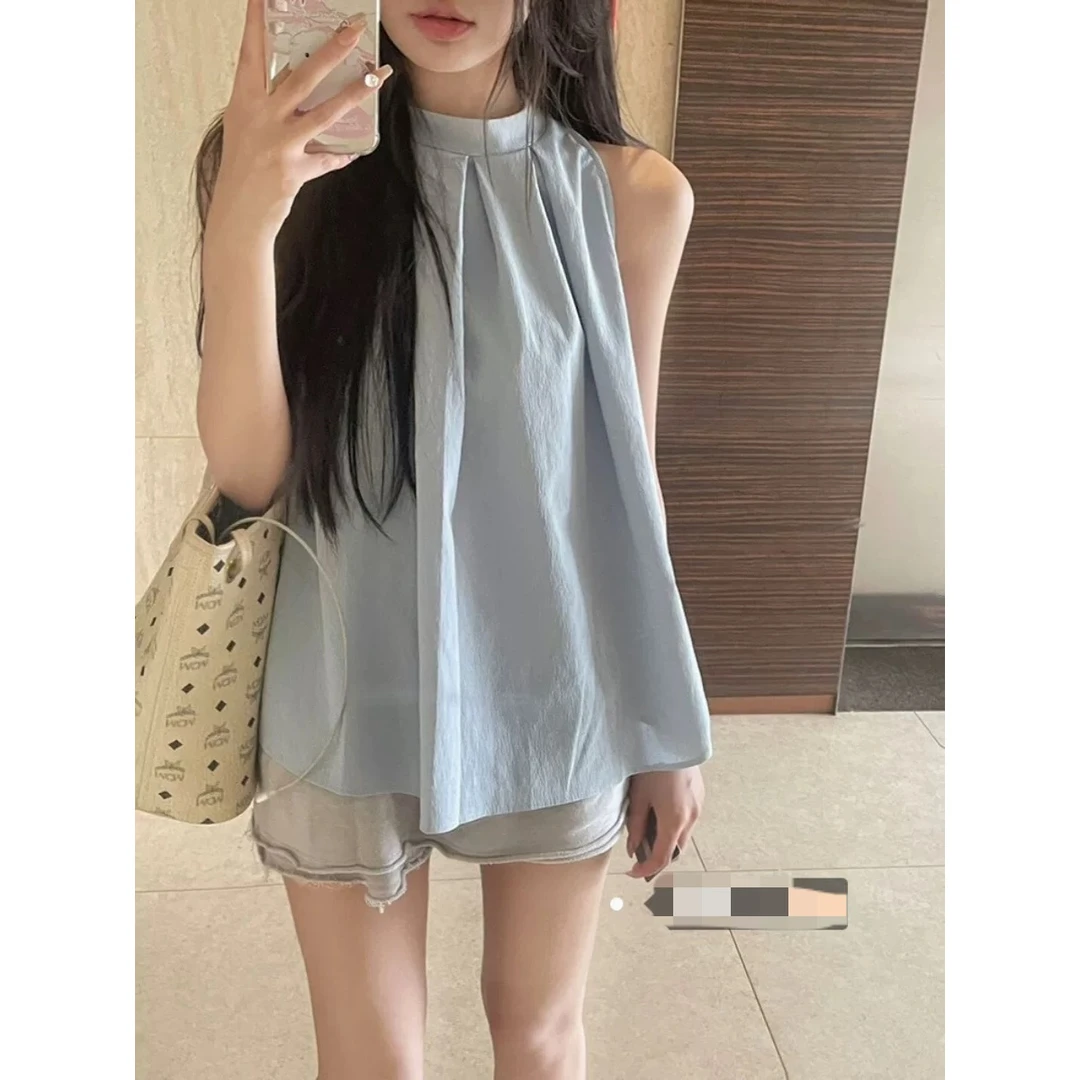 法式甜美背心女装夏季外穿小众蓝色衬衫气质挂脖吊带宽松无袖上衣