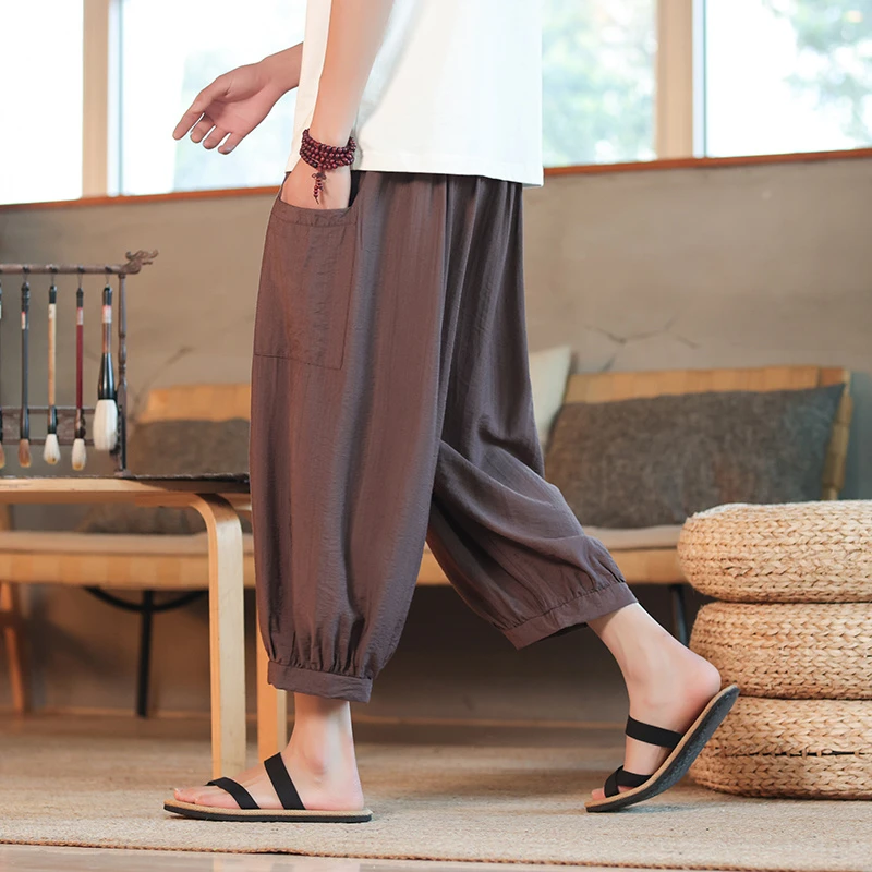 夏季薄款中国风男士垂感冰丝八分哈伦裤子宽松阔腿大码休闲灯笼裤