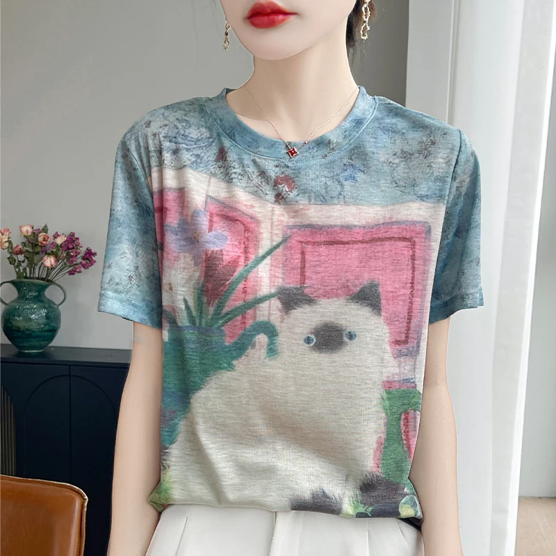 丨壁画上的猫咪扎染设计感休闲夏季圆领T恤-A101