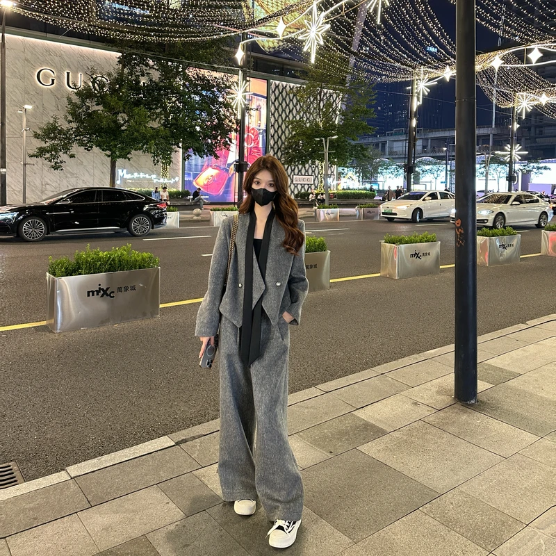 【24TZ152】Liixu高级感V领飘带毛呢西装外套女春休闲直筒裤两件套
