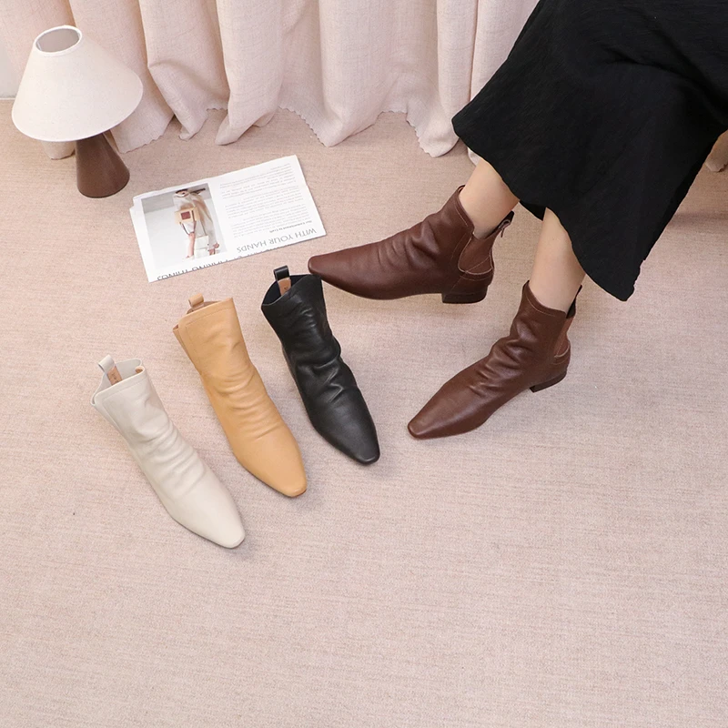 3119-28 简约褶皱复古尖头短靴女多色粗跟舒适显瘦切尔西靴