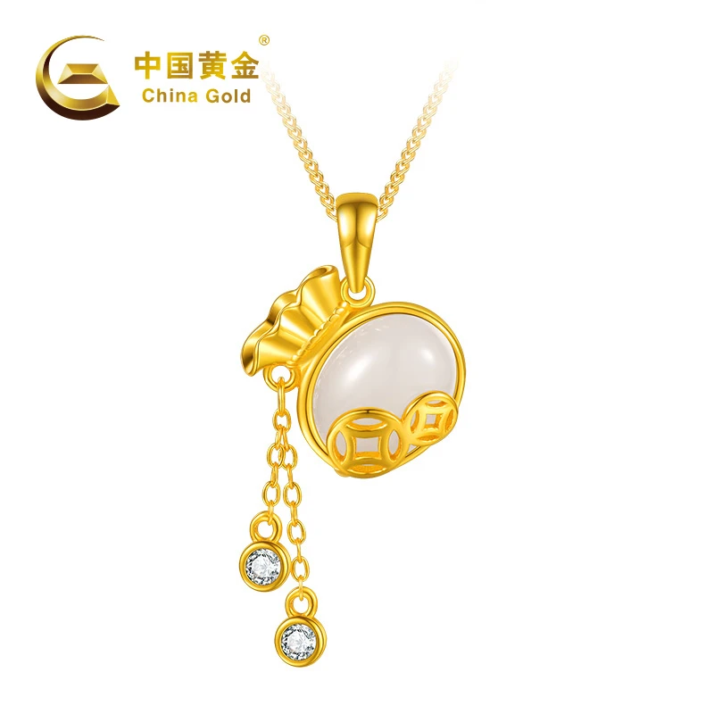 【中国黄金】招米福气和田玉银镀金项链 新中式百搭送女友 #20623