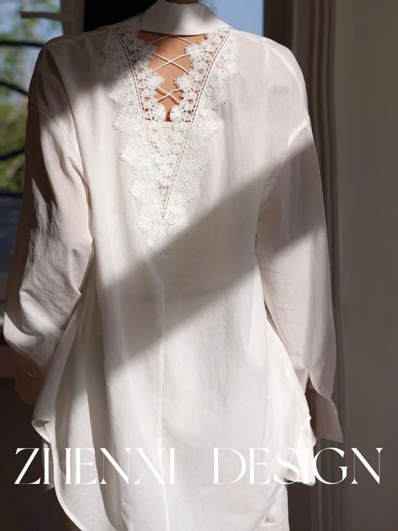 针西【醋酸刺绣衬衫】高个子长袖时尚百搭蕾丝贴袋衬衫W90178