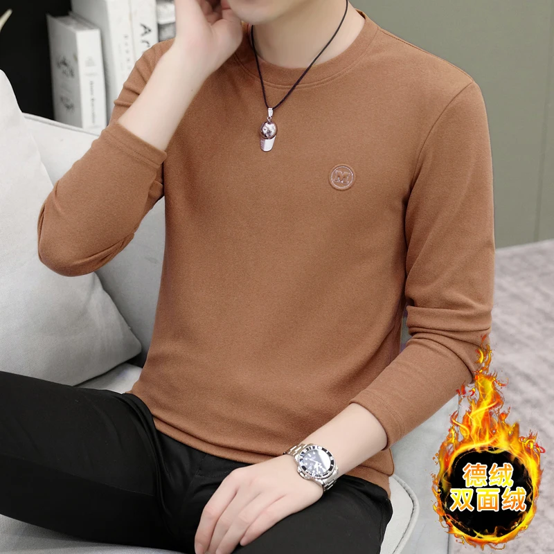 秋冬季男士德绒打底衫圆领修身纯色百搭保暖上衣双面绒长袖内搭潮