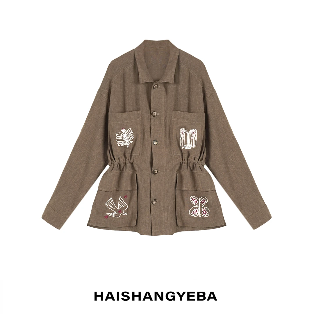 【海上叶爸】新款2025百搭苎麻复古垂坠显瘦绣花天丝外套衬衫