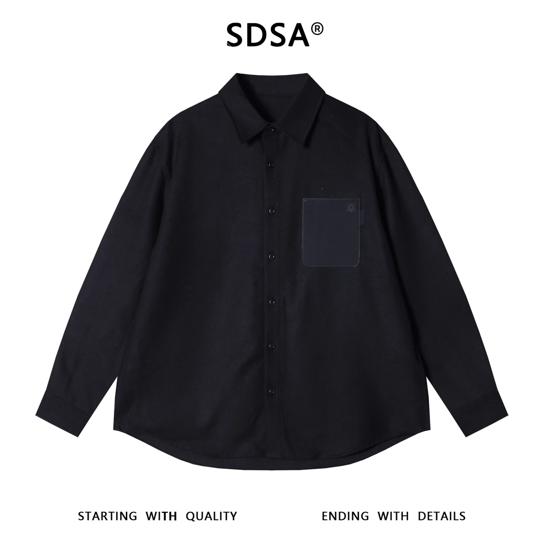 SDSA男士秋冬新款痞帅男装休闲口袋拼接翻领长袖衬衫百搭宽松衬衣