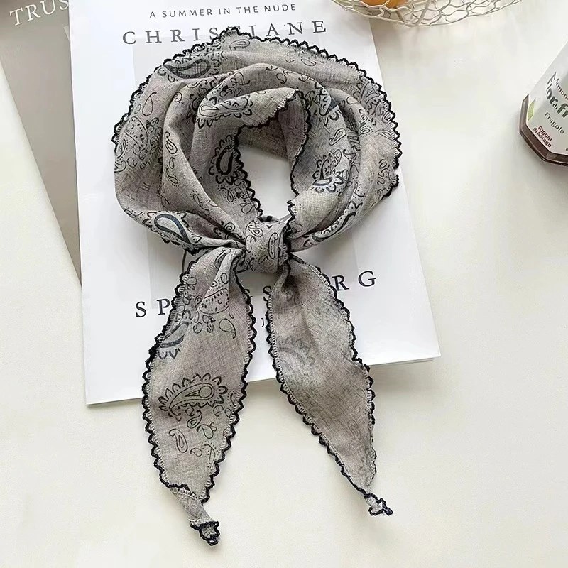 春夏百搭三角丝巾棉麻手感装饰领巾发箍发带小围巾女印花春秋日系