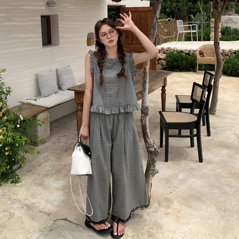 现货2025夏季新款盐甜系穿搭灰色波点飞飞袖上衣套装