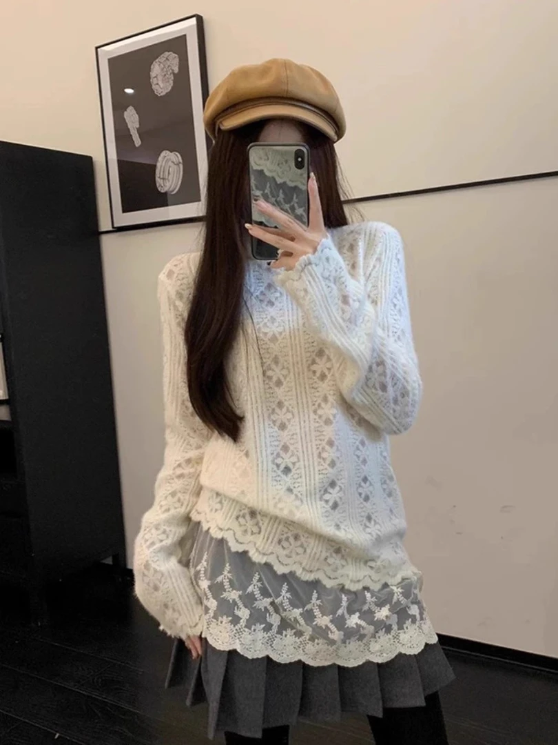 白色半高领下摆蕾丝衫女冬季宽松花边叠穿打底内搭中长款长袖上衣