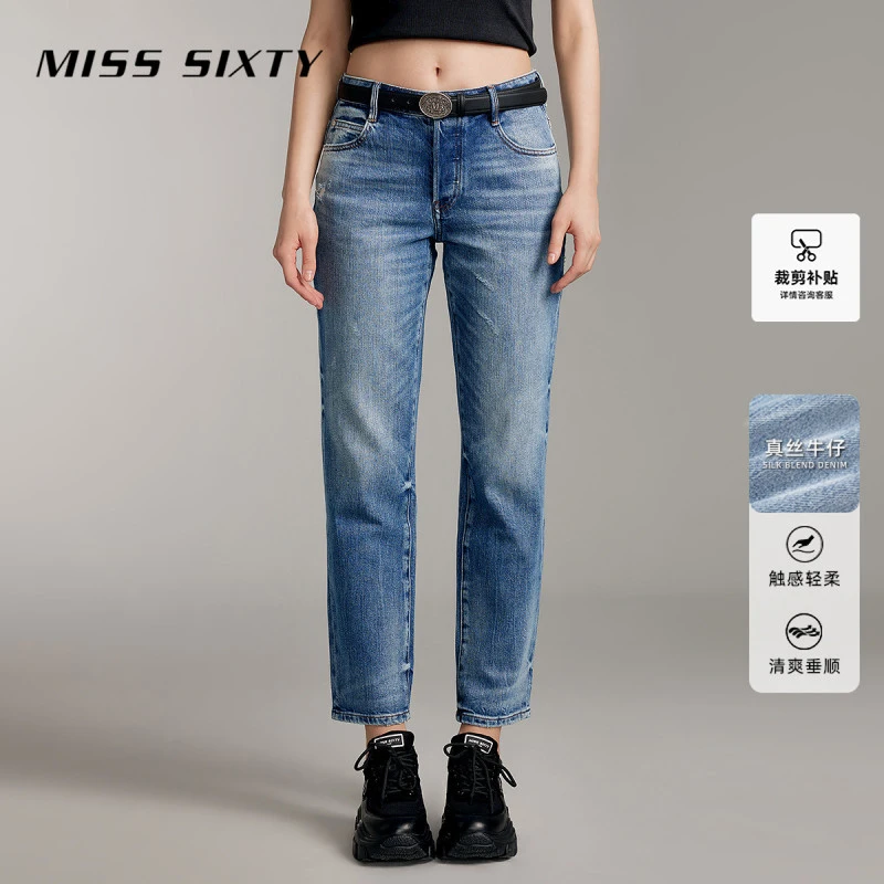 【桑蚕丝】Miss Sixty春夏含桑蚕丝牛仔裤雅丹风门襟显瘦直筒9分裤
