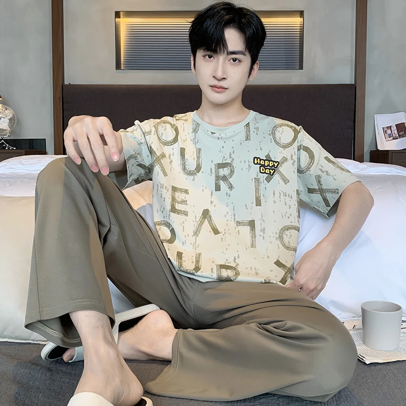 100%纯棉男士睡衣夏季全棉短袖长裤薄款运动夏天可外穿家居服套装