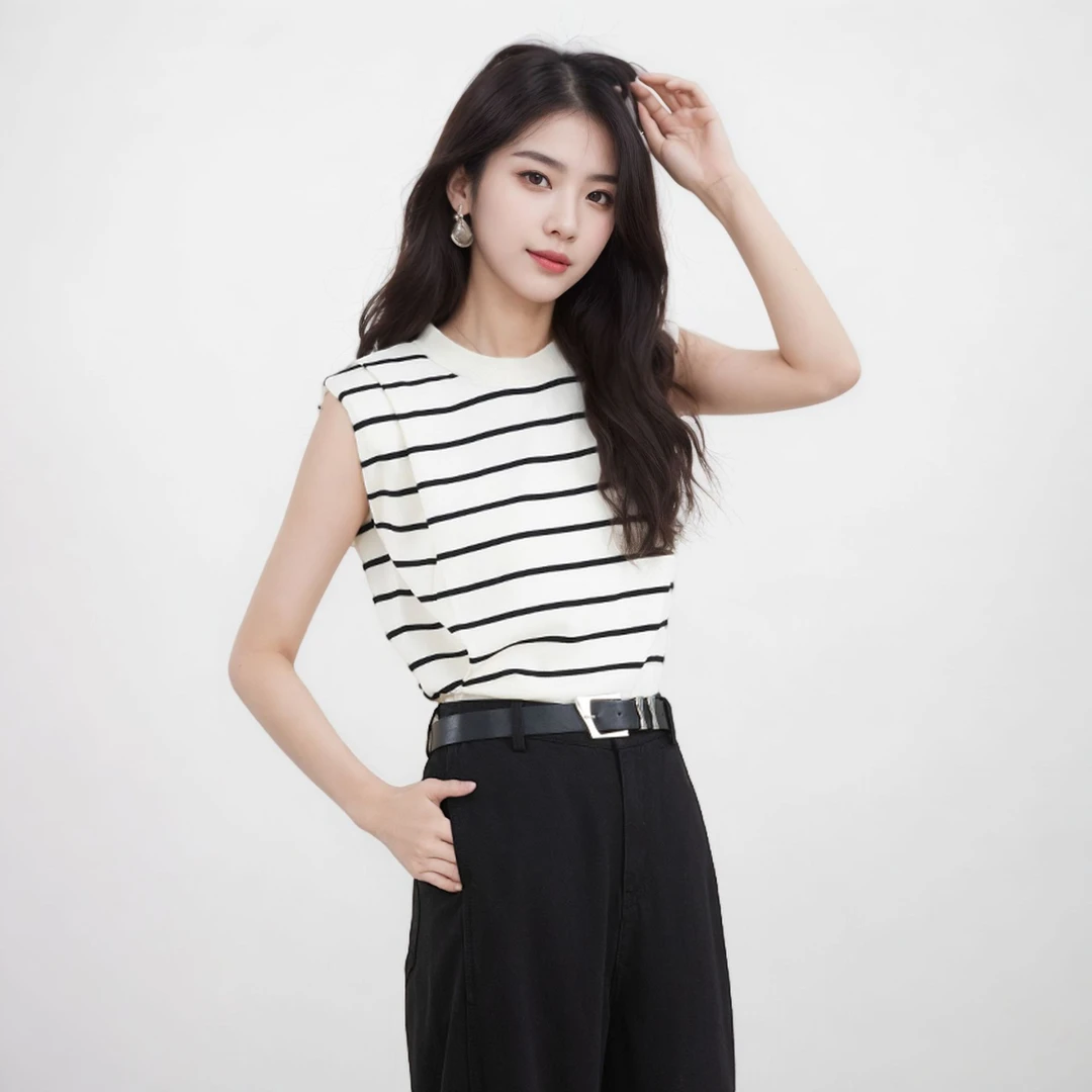 上衣夏新女莱赛尔天丝针织衫马甲高级感条纹坎肩背心外穿无袖t恤