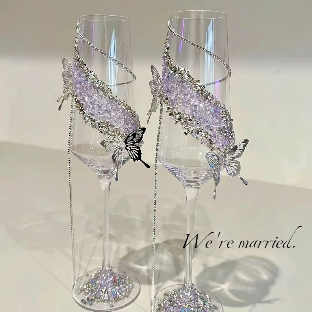 紫色流苏碎砖蝴蝶敬酒杯手工diy材料包婚礼高级感香槟杯高杯