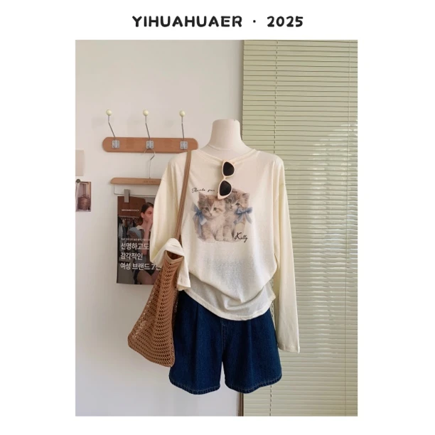 东大门韩版新款圆领休闲宽松可爱小猫印花纯色简约百搭T恤3545