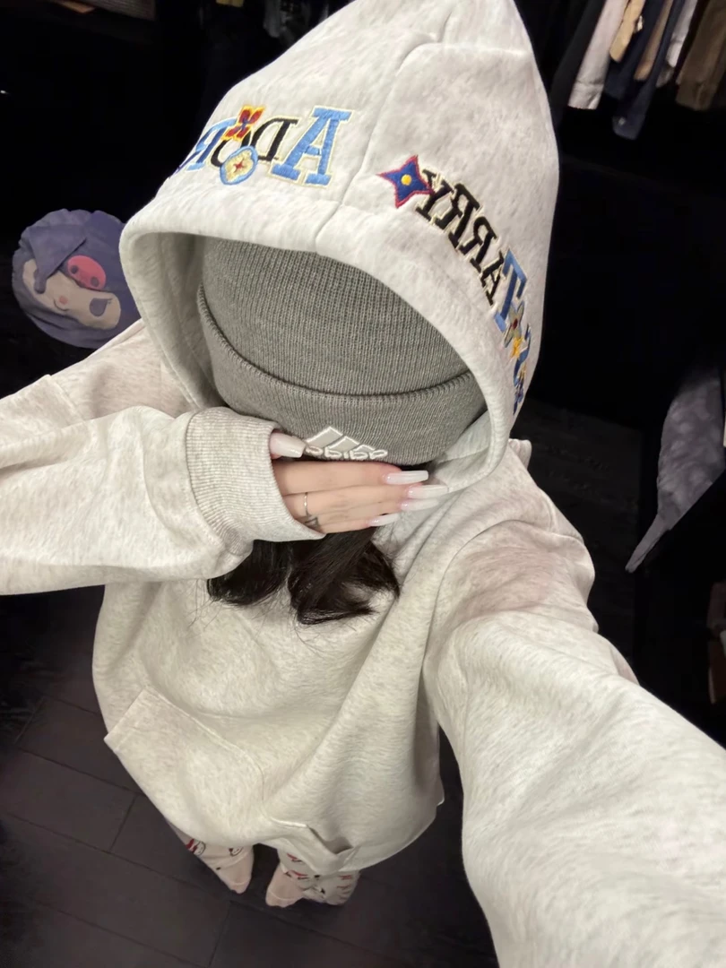 美式复古刺绣字母卫衣女2025新款秋冬宽松设计感小众情侣连帽外套