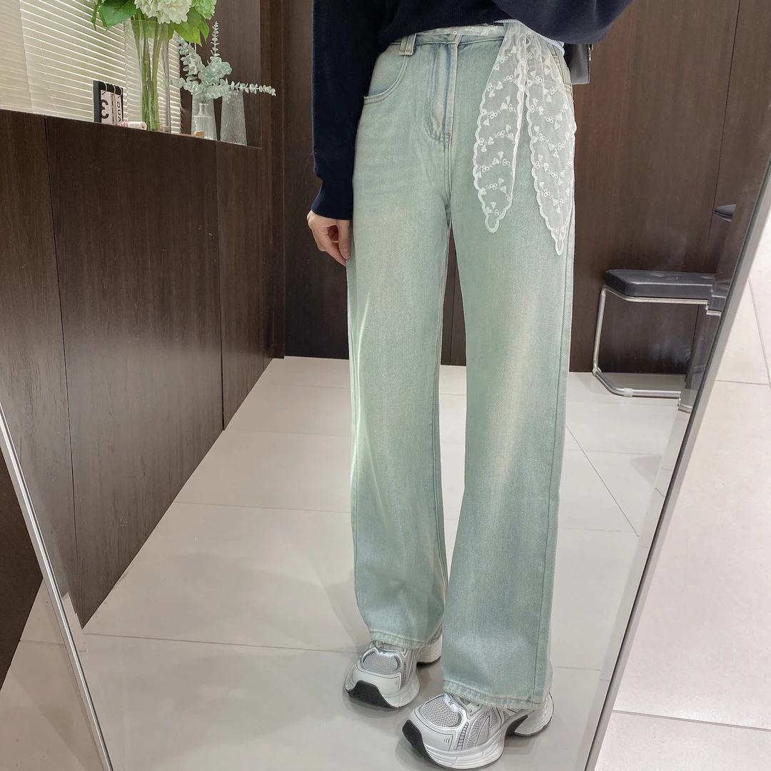 IMFLY金小金自制女装 牛仔裤DYK2551春季高腰显瘦系丝带直筒长裤