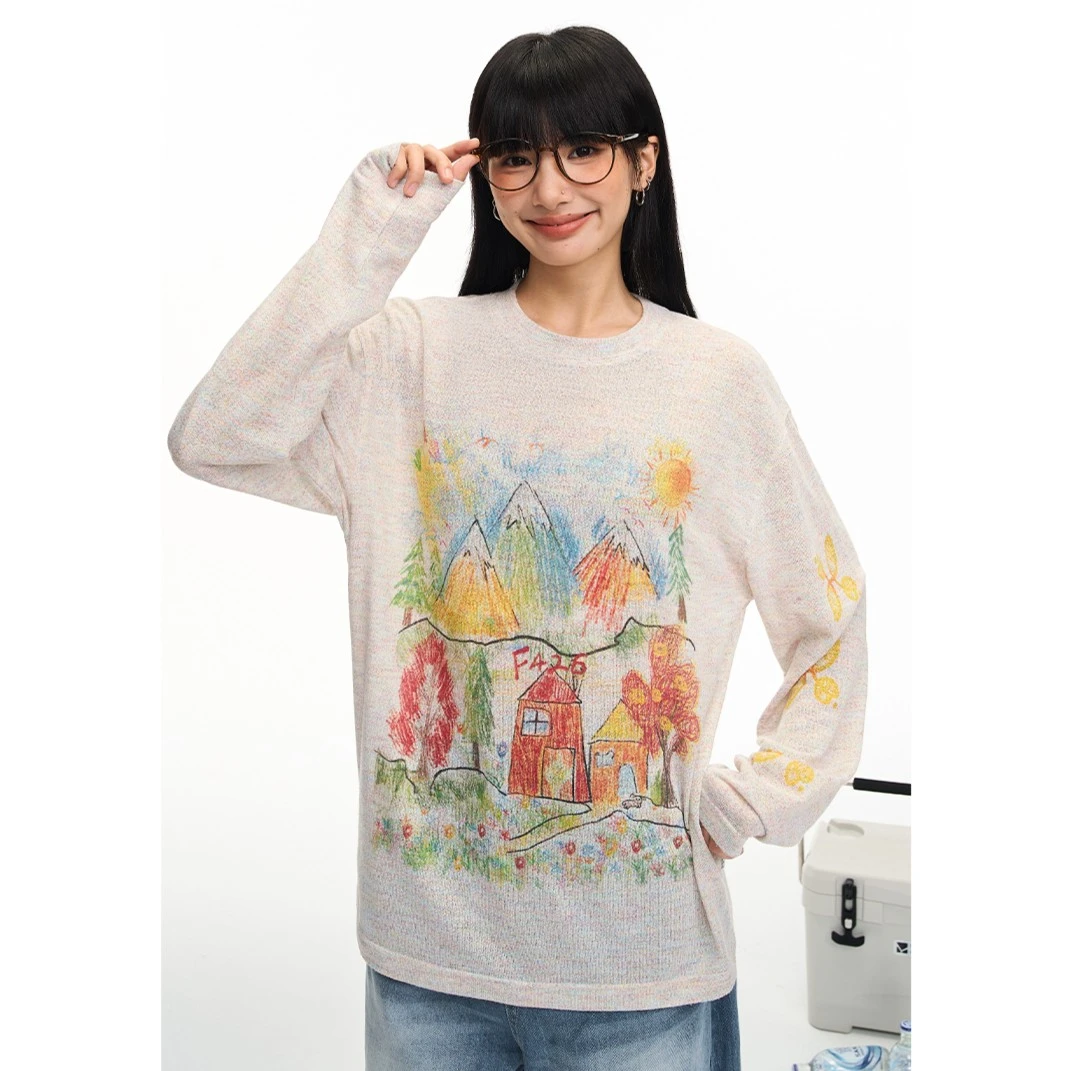 F426国潮牌早秋新款时尚蜡笔画长袖罩衫宽松薄款透气t恤潮流0167