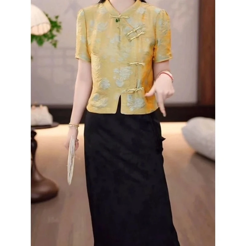 【缎面小衫+黑色半裙】夏款贵妃金撞色花纹新中式斜襟盘扣两件套裙