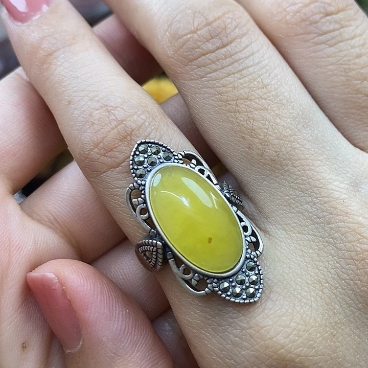 琥珀银S925镶嵌戒指戒指