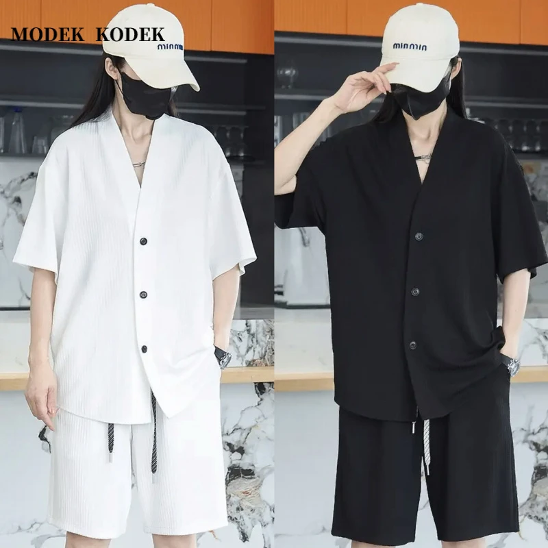 MODEK KODEK夏季薄款男士v领纯色短袖高级感休闲直筒短裤时尚套装