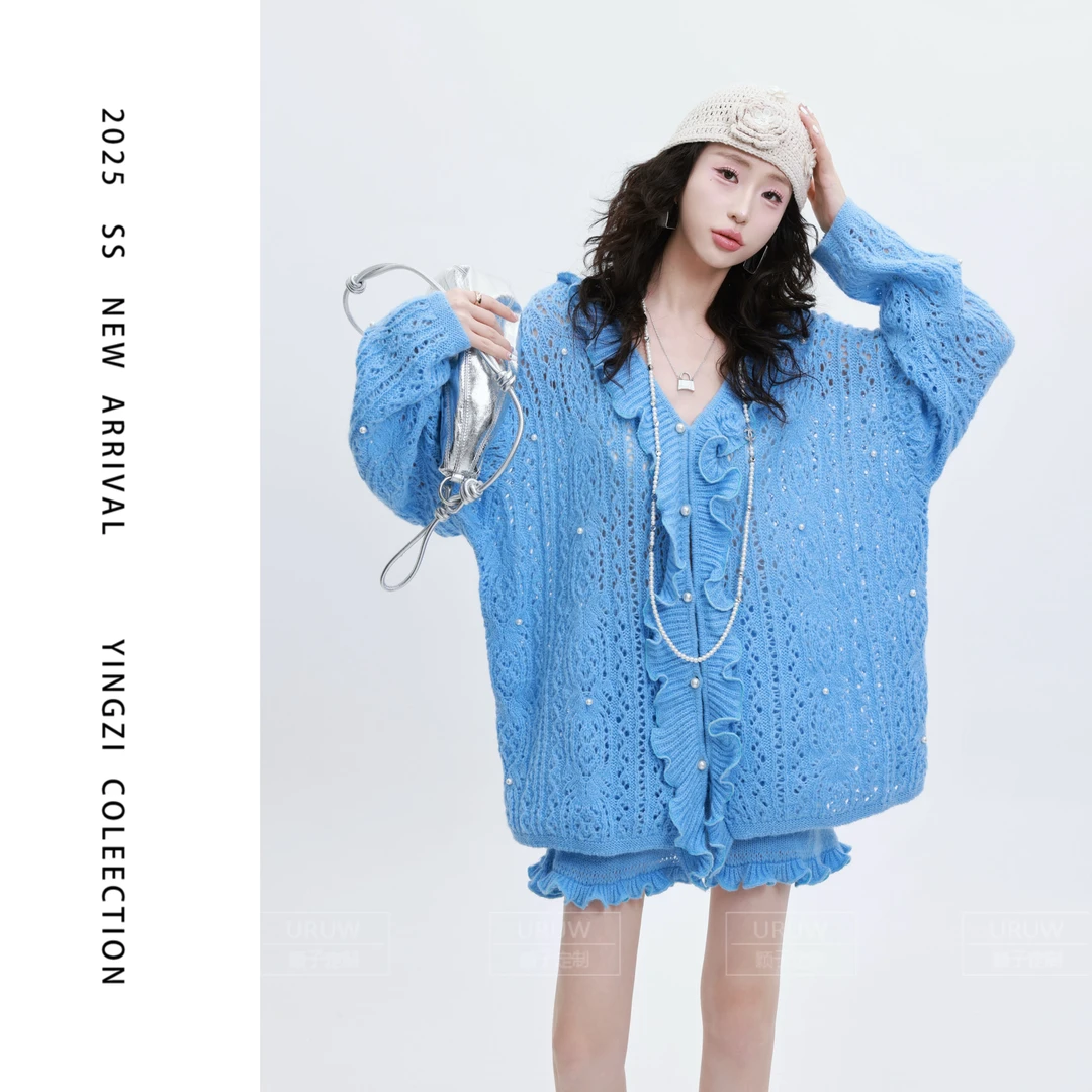 颖子定制【微甜鸢尾】设计感珠珠木耳边毛衣上衣休闲显瘦短裙9876