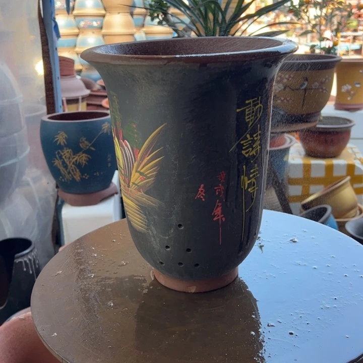 紫砂黑彩绘金钟大 口径24×29