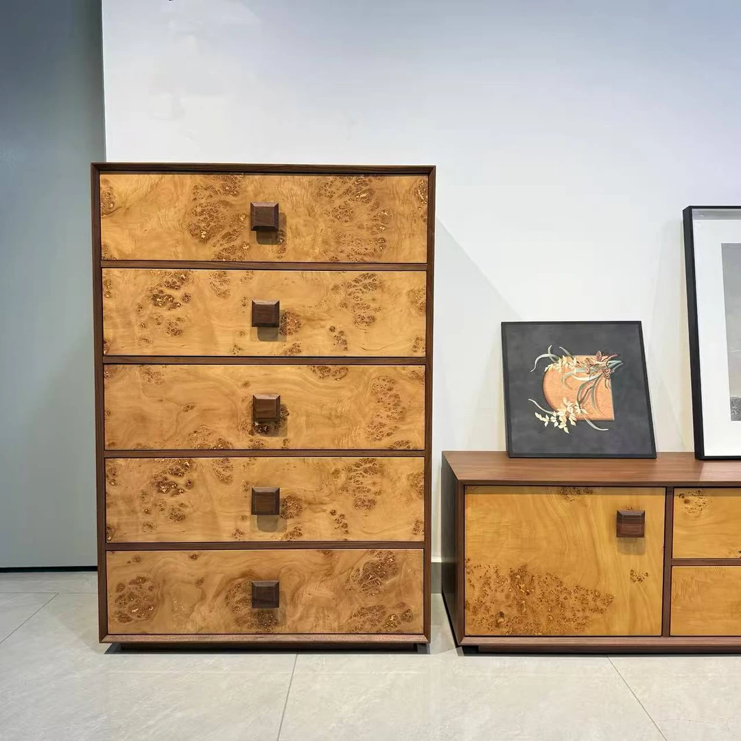 三记【繁花】中古风黑胡桃木柜子落地五斗柜艺术树瘤纹