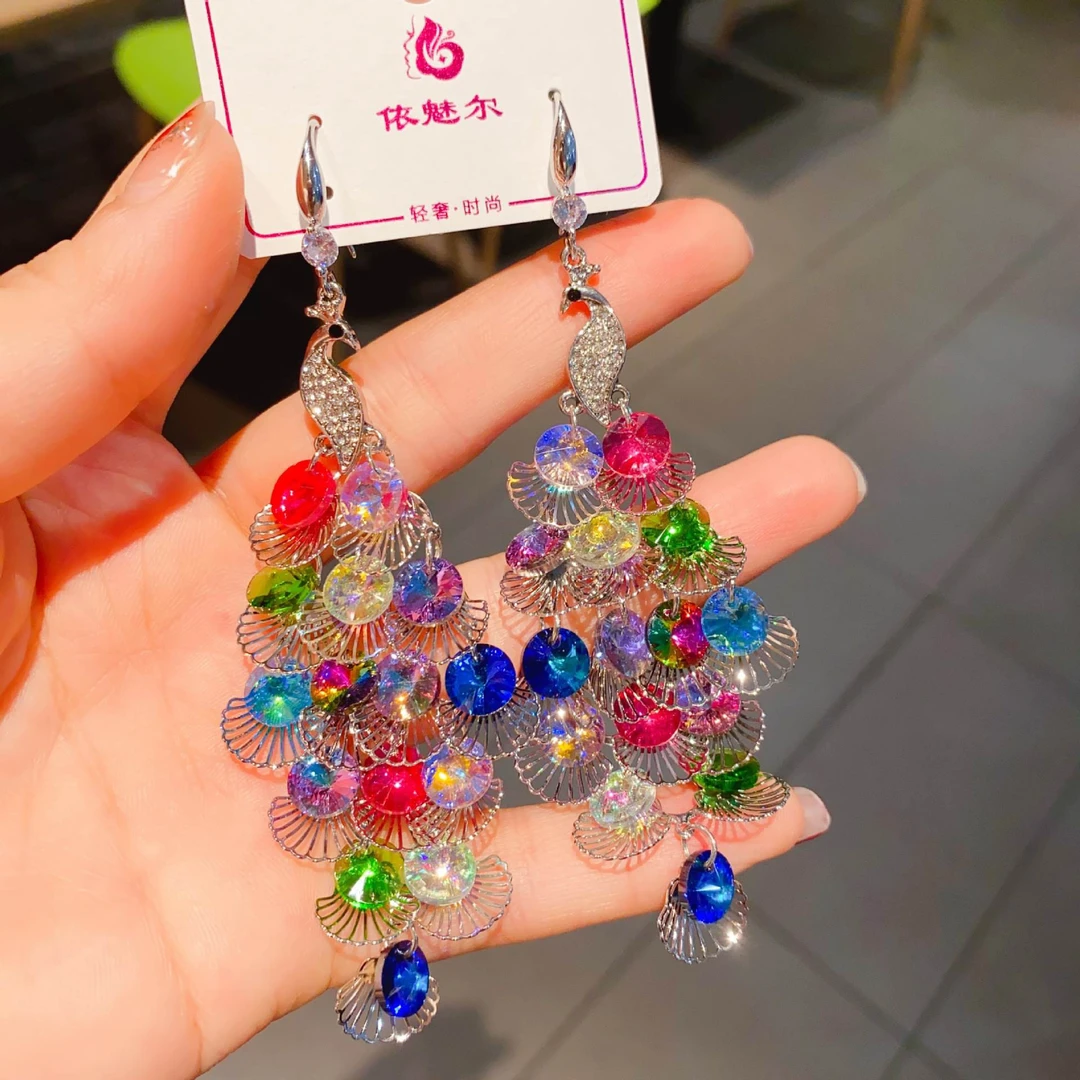 黄铜仿水晶耳饰 国风轻奢彩色长款手工耳环气质走秀百搭时尚耳饰