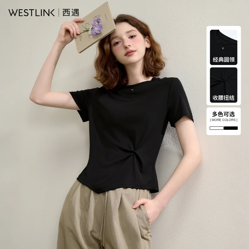 0938西遇圆领短袖t恤女2025年夏季新款不规则下摆褶皱短款上衣
