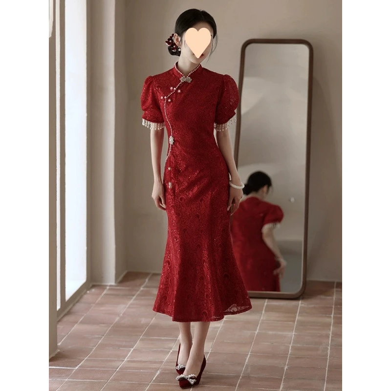鱼尾旗袍敬酒服改良版年轻款夏季蕾丝红色订婚礼服女连衣裙高级感