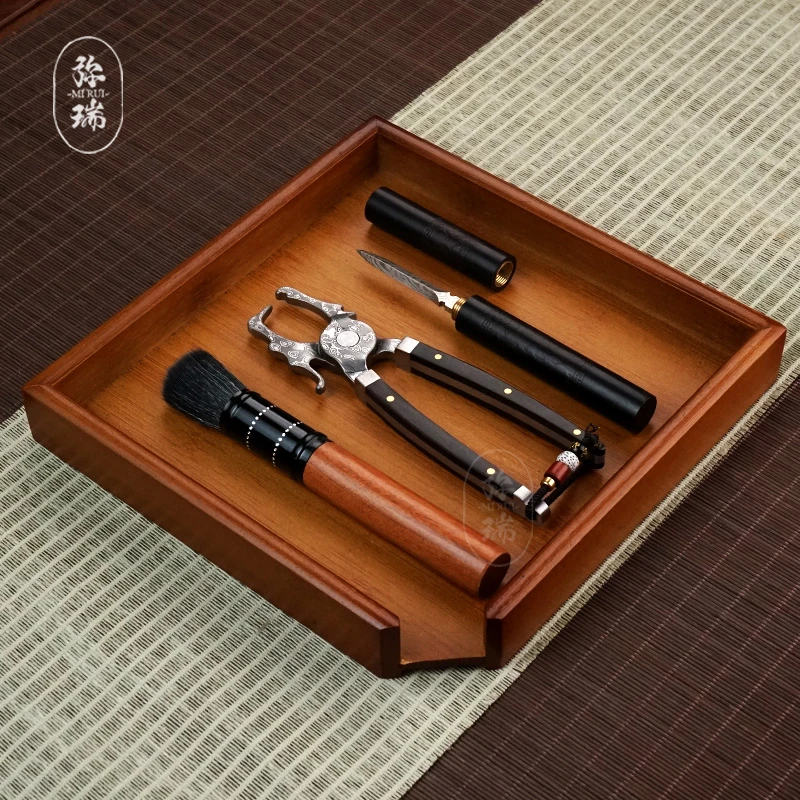 弥瑞大马士革不锈钢茶钳普洱茶砖撬茶工具高档分茶盘开茶神器